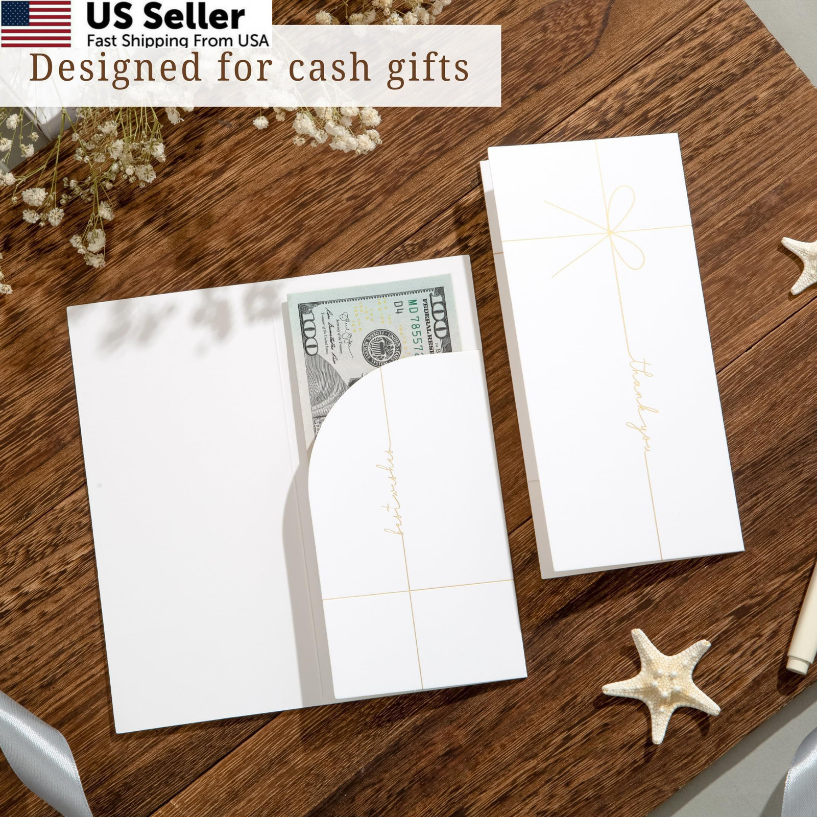 Elegant Ribbon-Style Money Cards with Envelopes Set – 20 One Size, gold