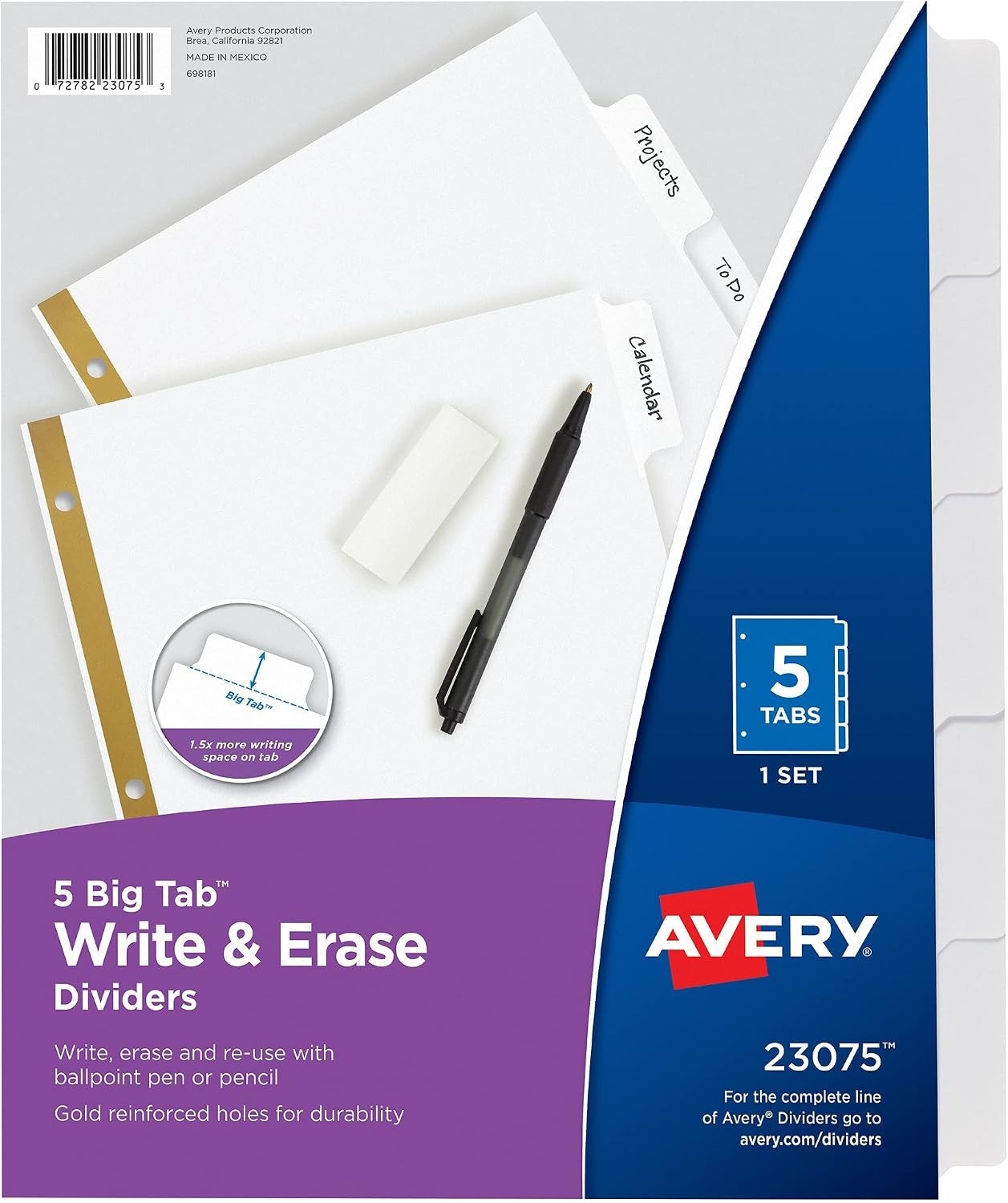 Avery 23075 Big Tab Write Erase Dividers 5 Tab 48 Sets White