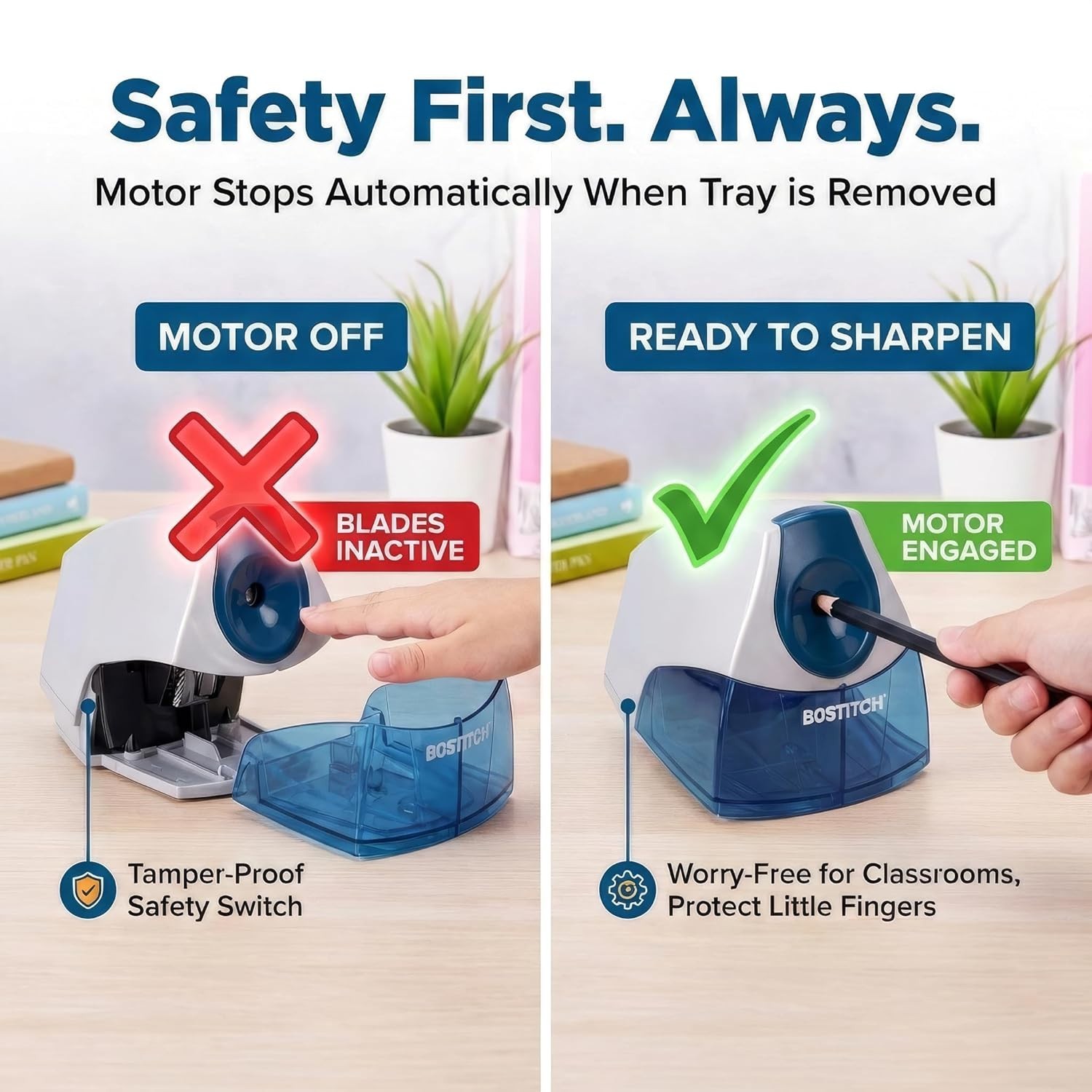 Blue Electric Pencil Sharpener with Large Shavings Tray & Safety Switch