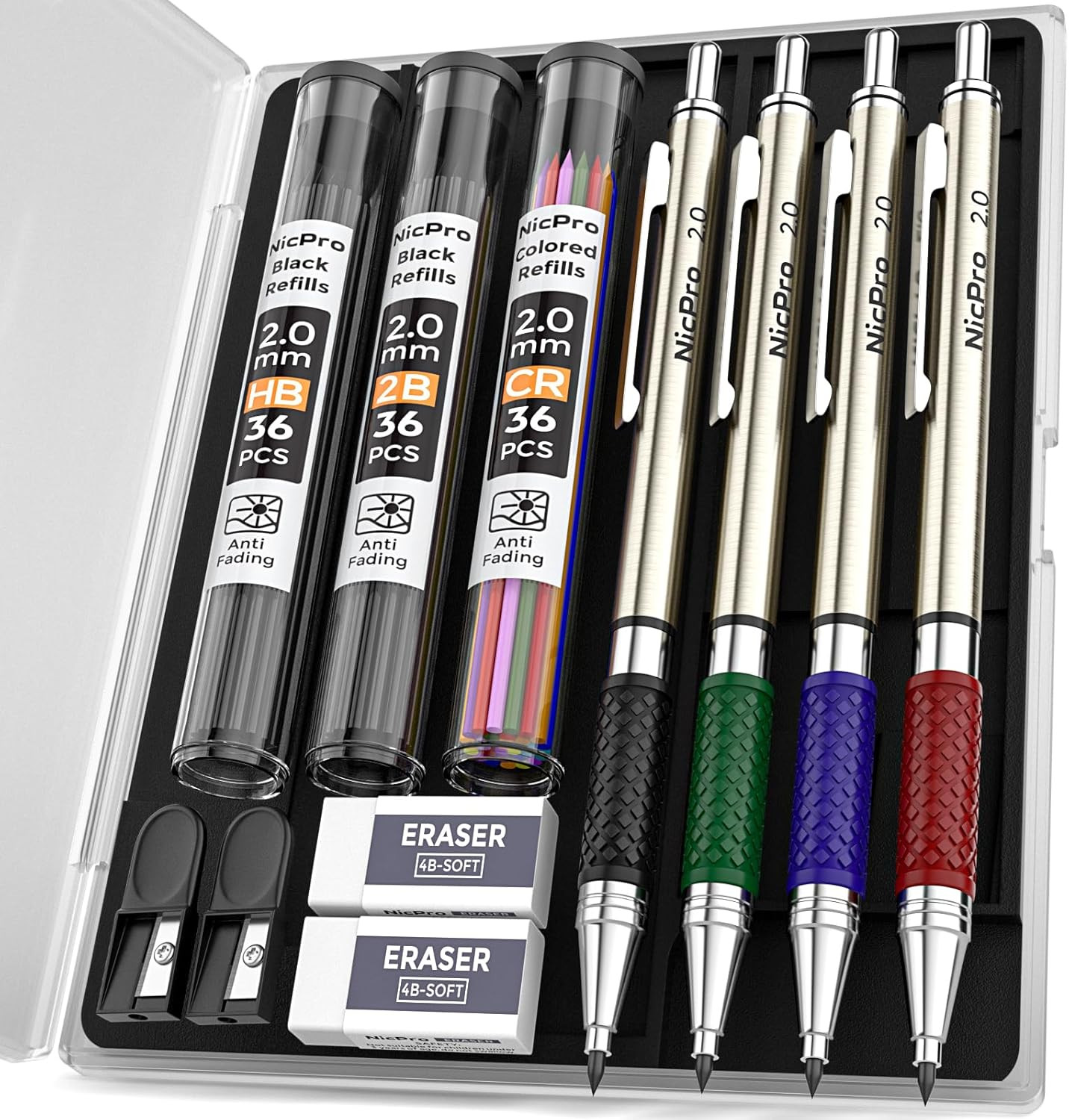 4 PCS Premium 2.0 Mm Mechanical Pencils Set, 108 Colored & Black (HB 2B) Lead Re