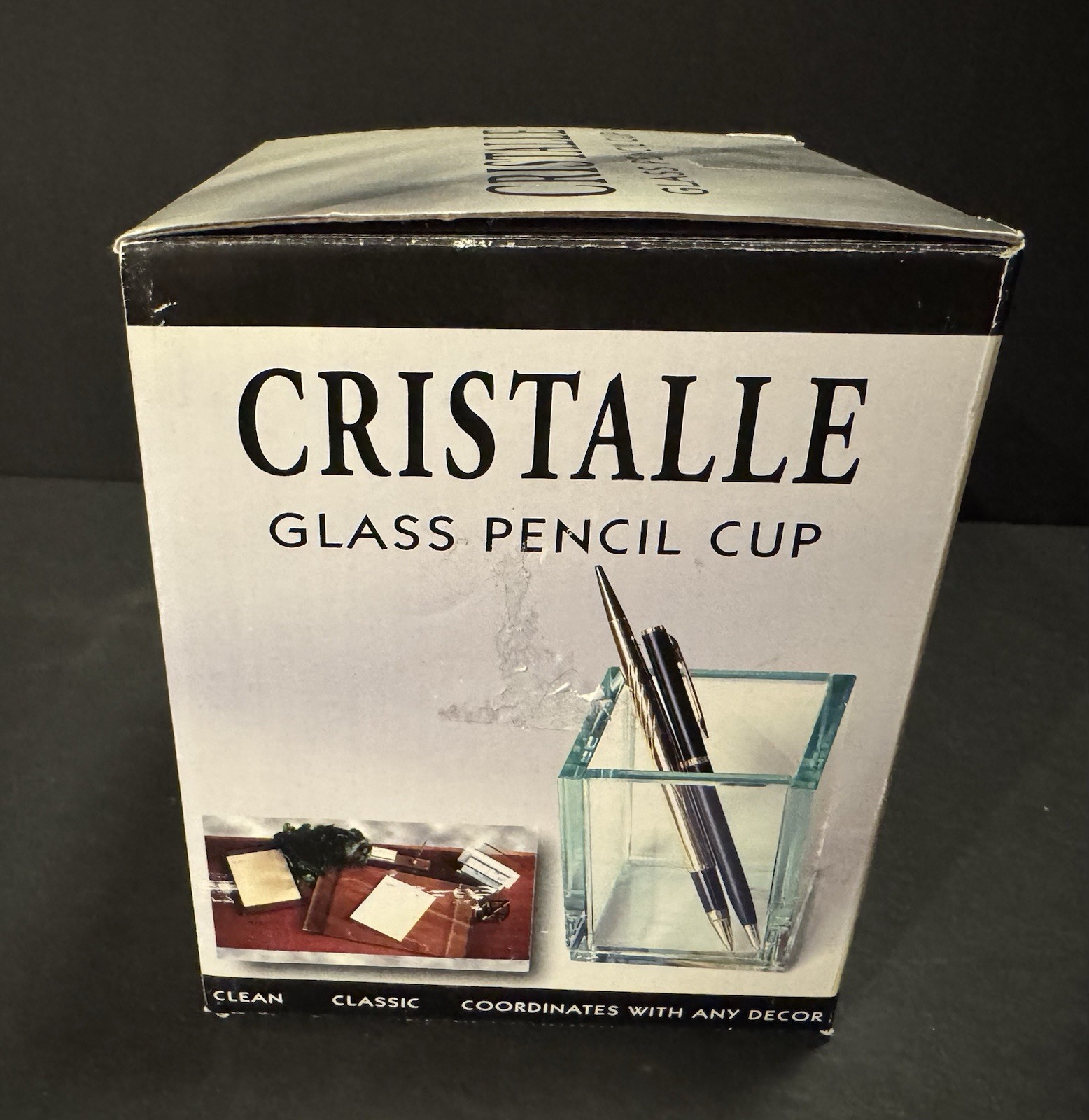CRISTALLE Glass Pencil Cup ~Pens or Pencils Square Clear Holder~ New in Box