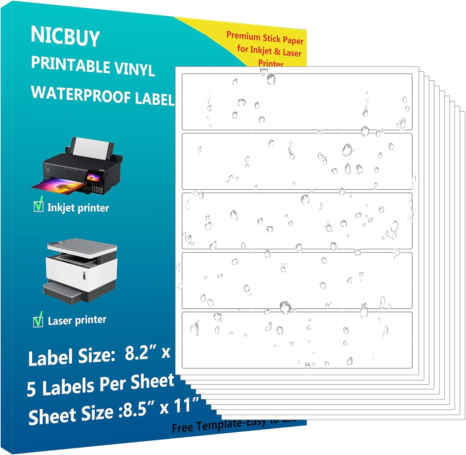 100 Pcs Water Bottle Labels 8.2×2 inch Printable Glossy White Waterproof Vinyl S