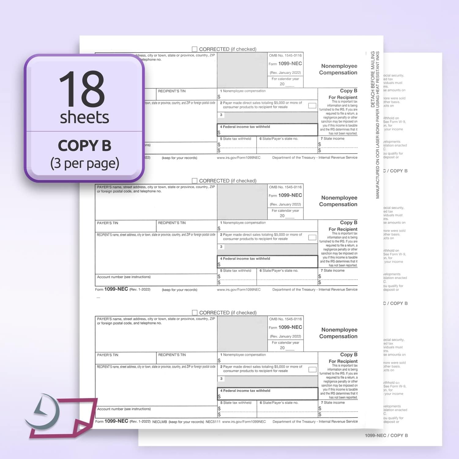 IRS Approved 2025 1099-NEC Forms, 4-Part Kit, 50 Laser Forms