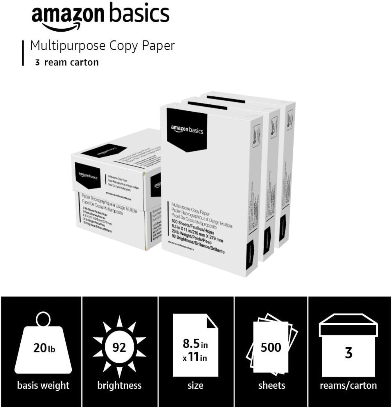Multipurpose Copy Printer Paper, 20 Lb, 8.5 X 11 Inches, 3 Reams (1,500 Sheets),