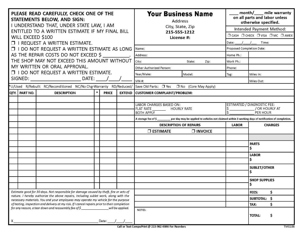 Custom Automotive Repair Work Order / 8.5 x 11 / 2 or 3 Part / TMG186