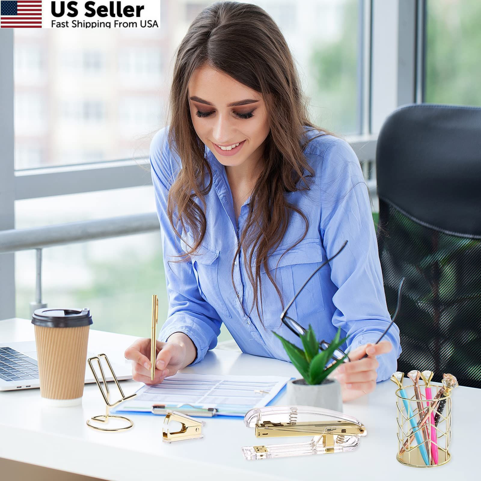 EOOUT Gold Office Supplies Set Desk Accessories, Acrylic Stapler