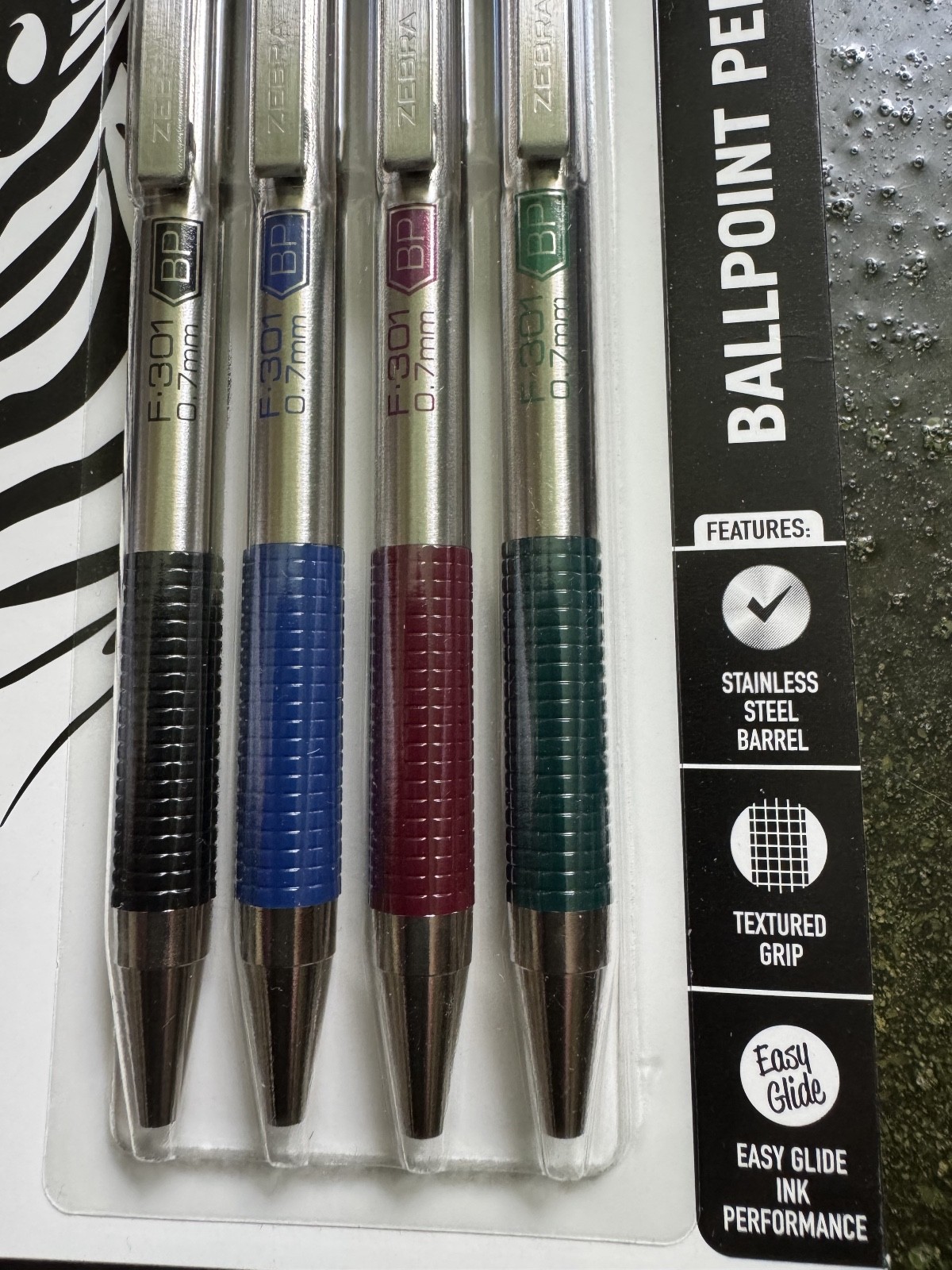 4 Zebra F-301 Stainless Steel Retractable Pens 0.7mm Fine red green blue black