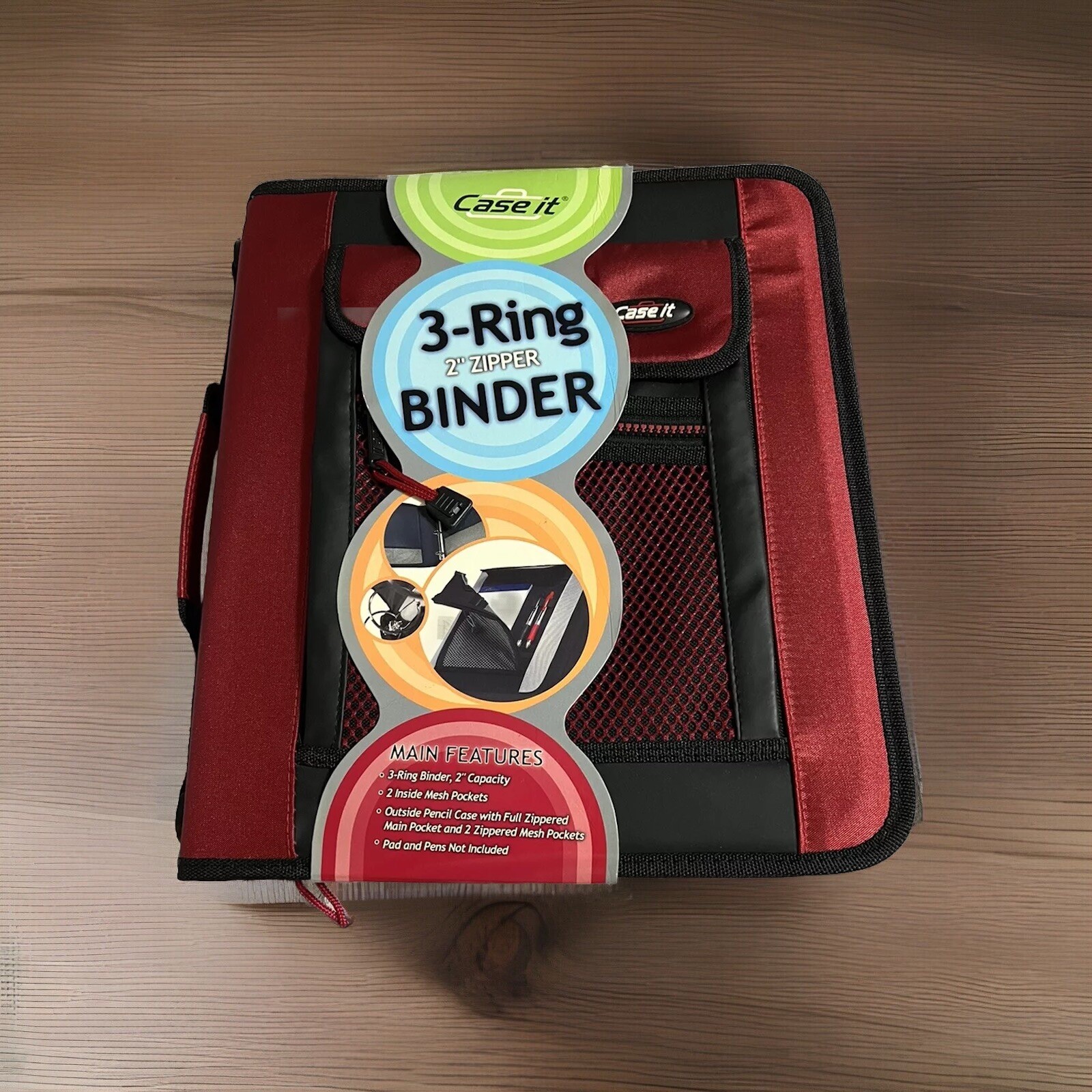 Case It 2004 3-Ring Zipper Binder 2″ Ring, Handle, Shoulder Strap Red Black NEW