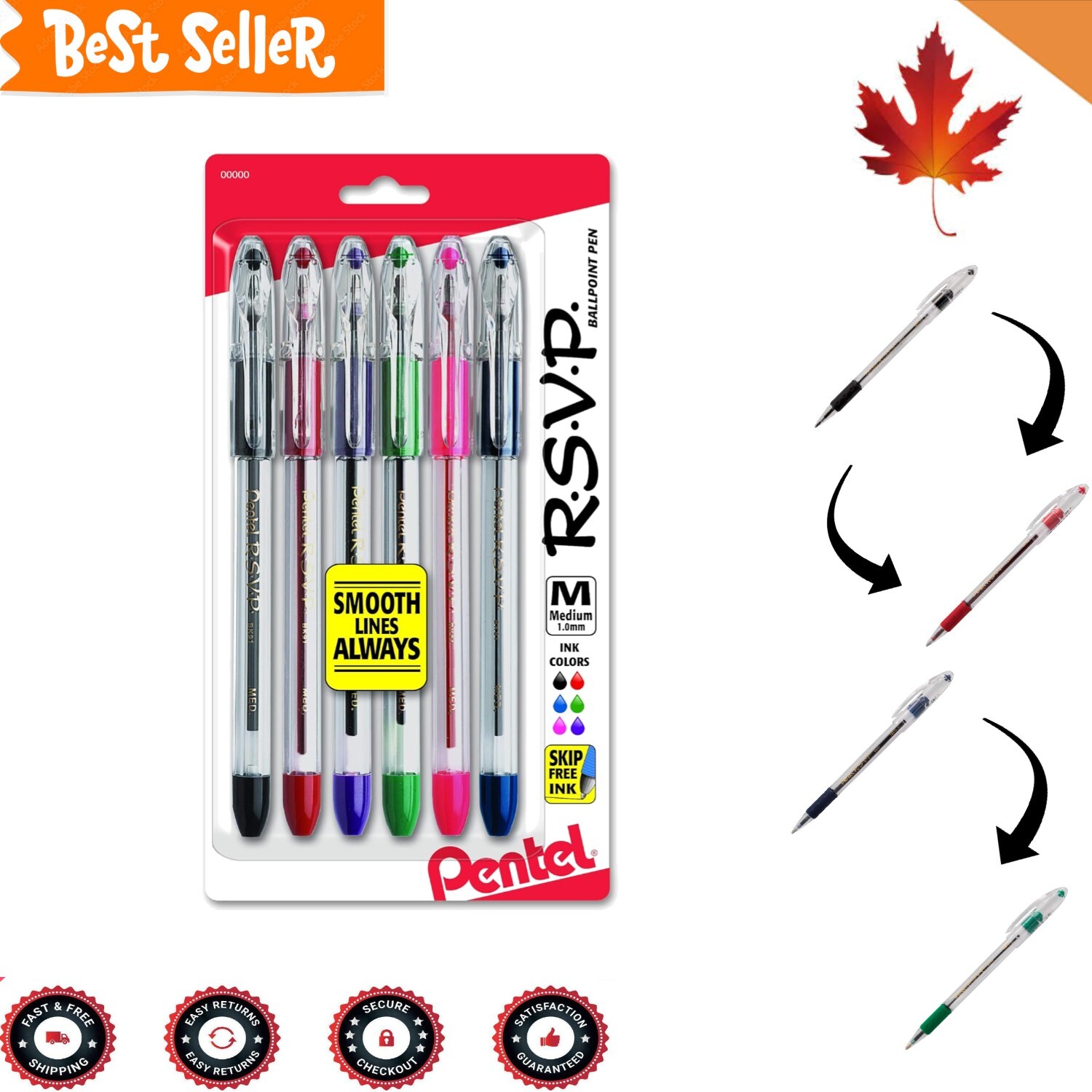 Click-Off Cap Ballpoint Pen – Assorted Ink Colors – 6 Pack