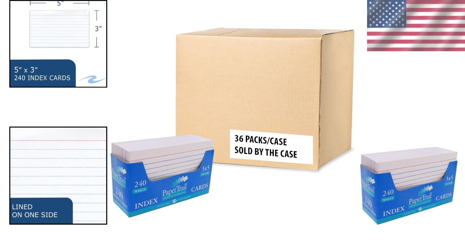 240 Ct 3×5 Index Cards, White, Ruled Front, Tray Holder Case