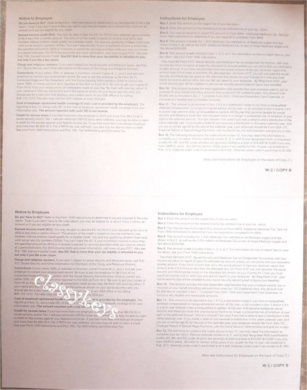 2019 IRS Tax Form W-2 Wage Stmts 10 employees LASER 6-pt +(2)W3 #TF5650 NO Env