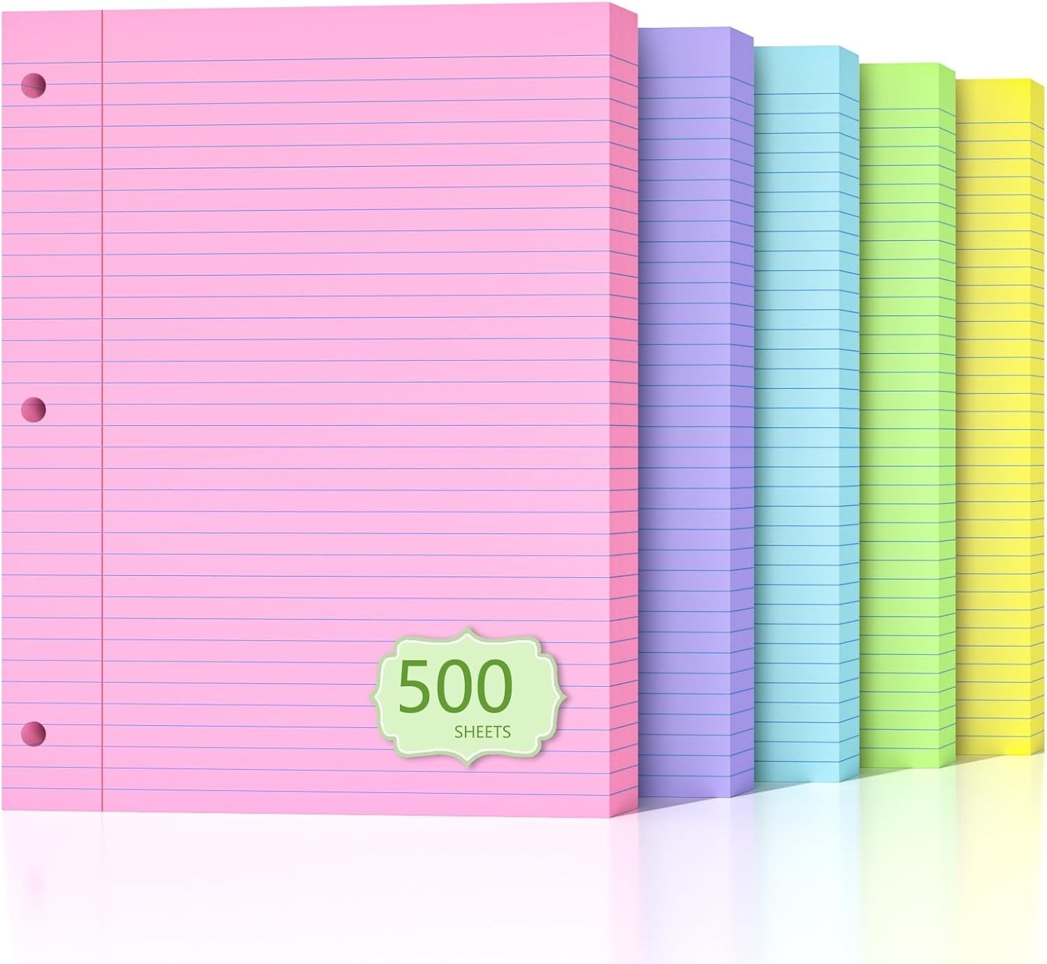 500 Sheets Loose Leaf Paper 8″ x 10.5″ Colored Filler Paper College Ruled 3-H…