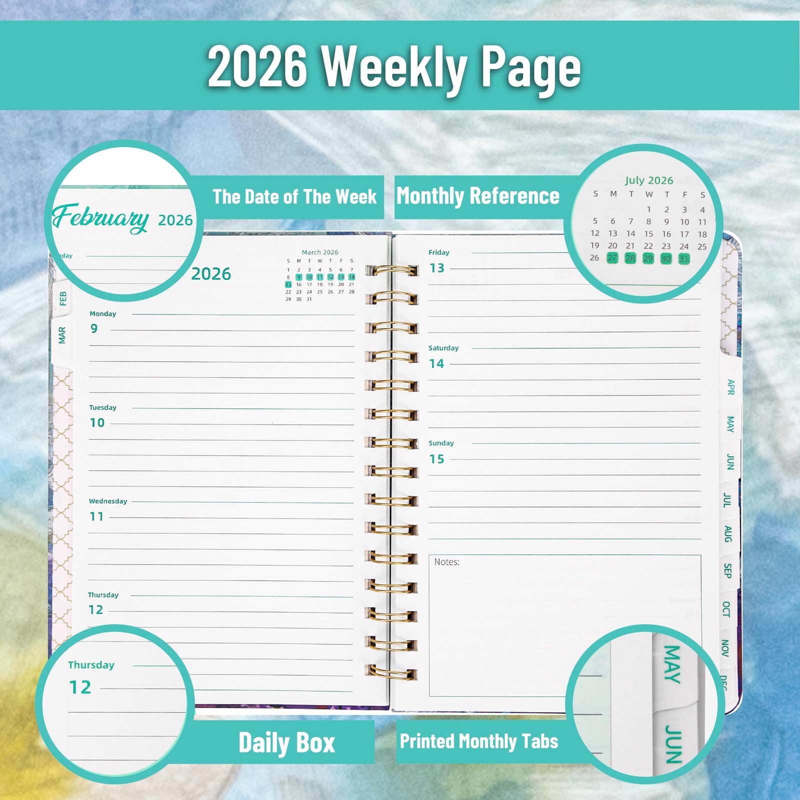2026 Planner, Weekly and Monthly Calendar 6.4″ x 8.5″(2026）, Spring Floral