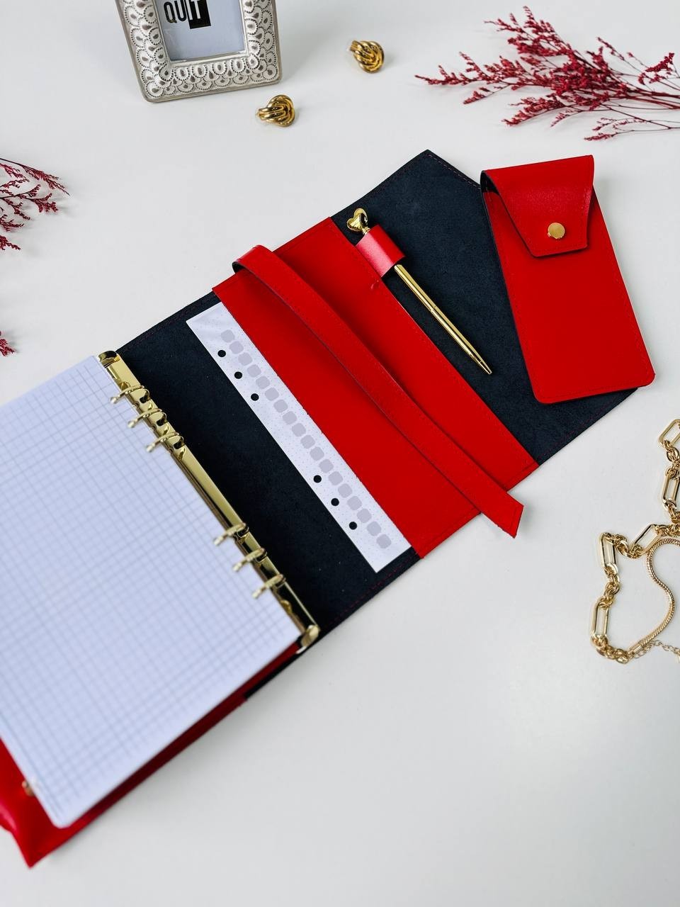 Red & Black leather notebook A5 with leather pencil case, leather gift set 2026