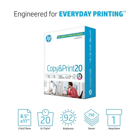 HP Copy & Print20, 20lb, 8.5 x 11, White, 1 Ream (750 sheets)