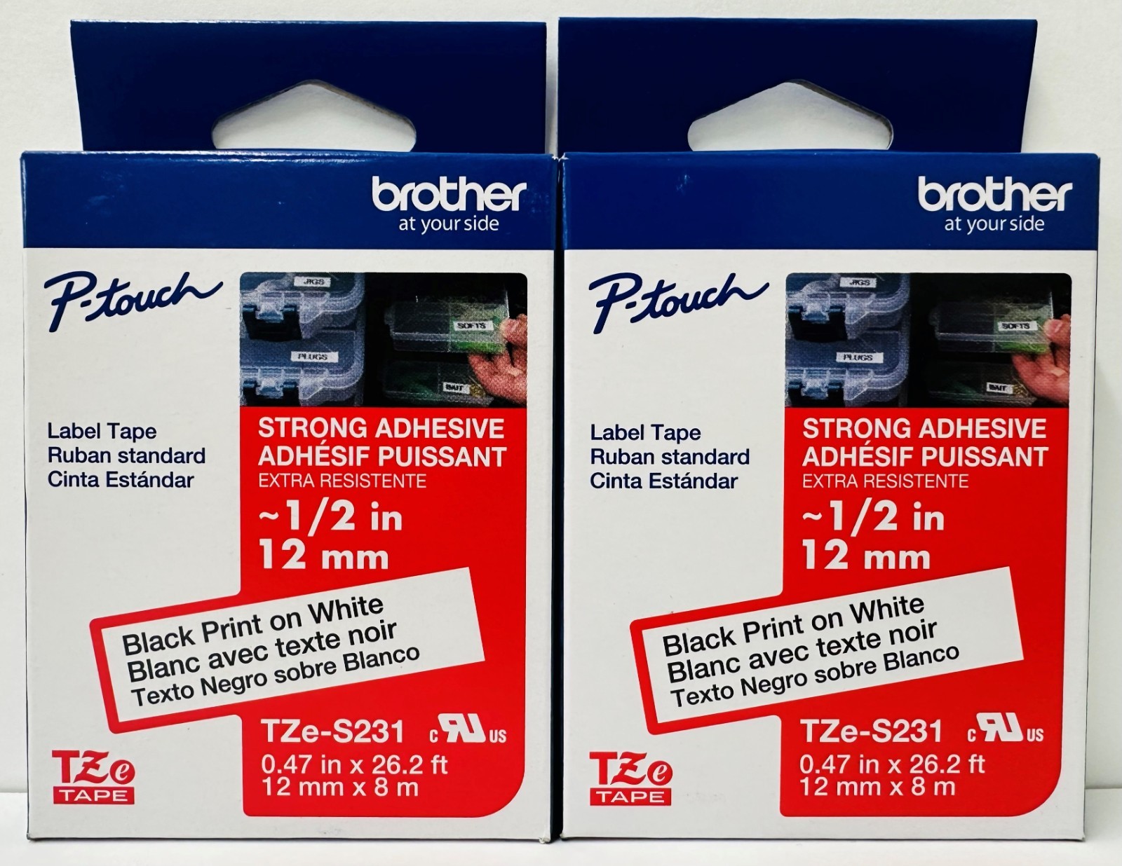 New Genuine Brother P-Touch TZe-S231 2PK Black on White Laminated Tape Box