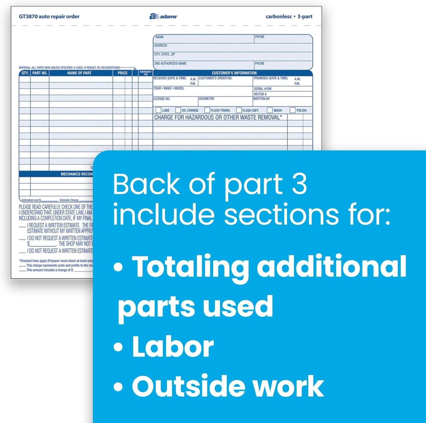 Easy-To-Use Auto Repair Order Forms, 50-Pack, 3-Part Carbonless, 8.5 x 7.44 in