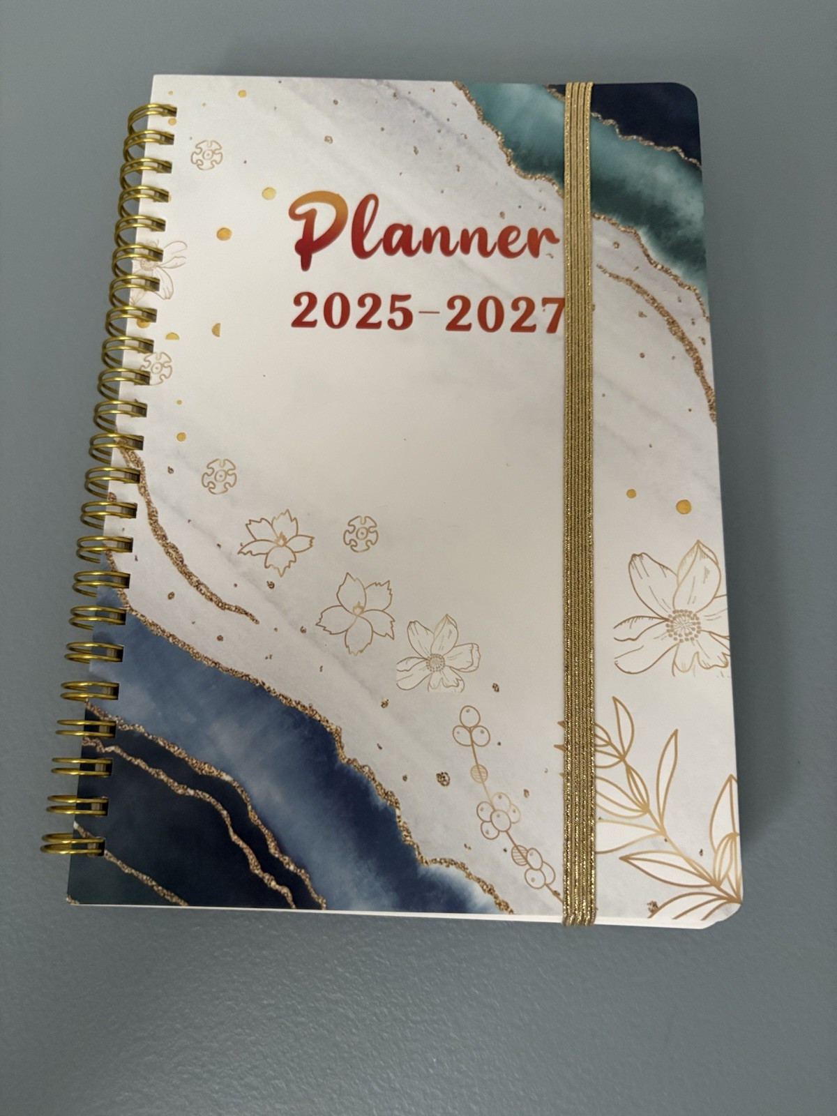 Planner Book 2025-2027 blue gold white floral weekly planner calendar with pen