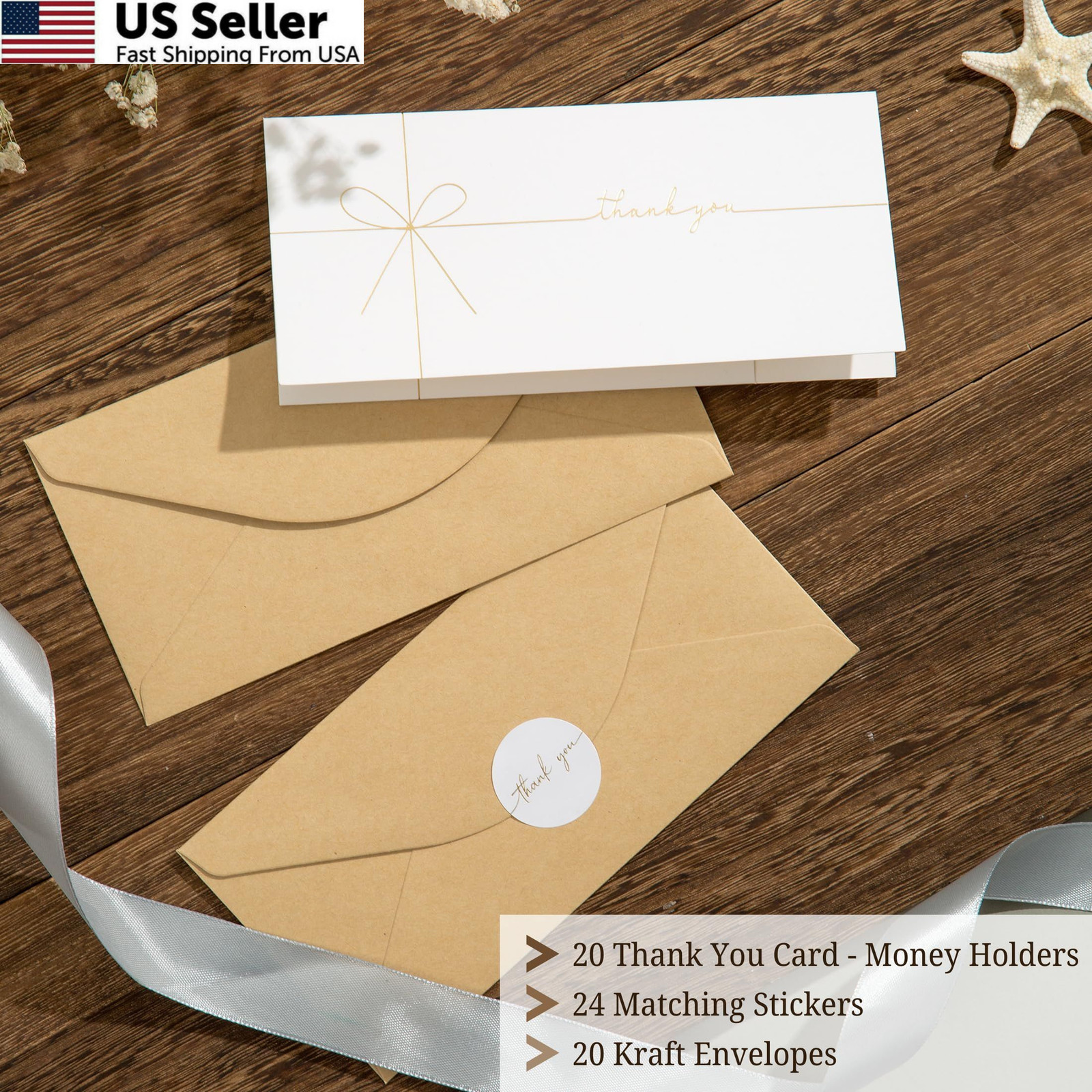 Elegant Ribbon-Style Money Cards with Envelopes Set – 20 One Size, gold