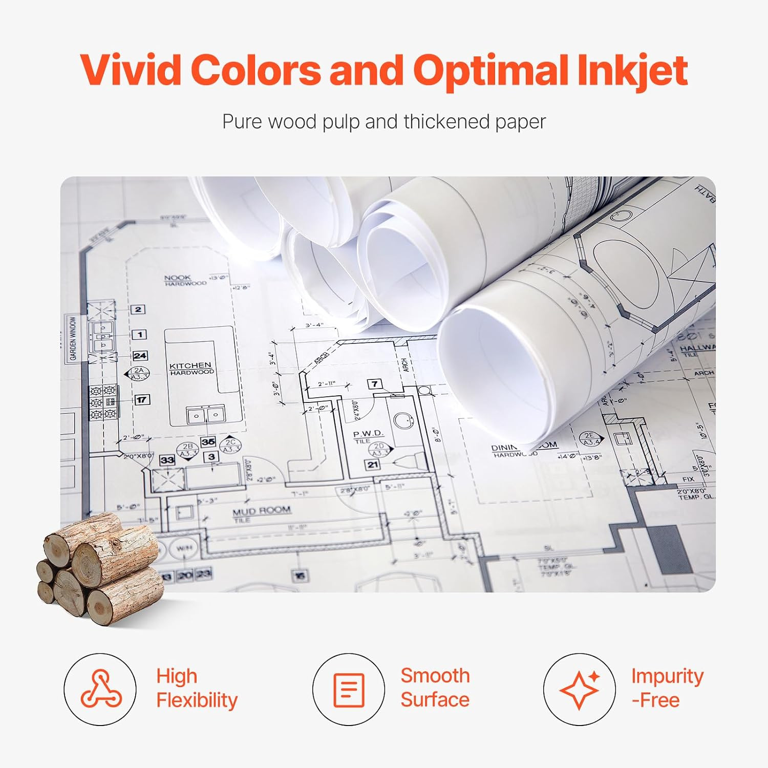 VEVOR 24×500 Plotter Paper 2 Rolls CAD 20LB 3″ Core Architect