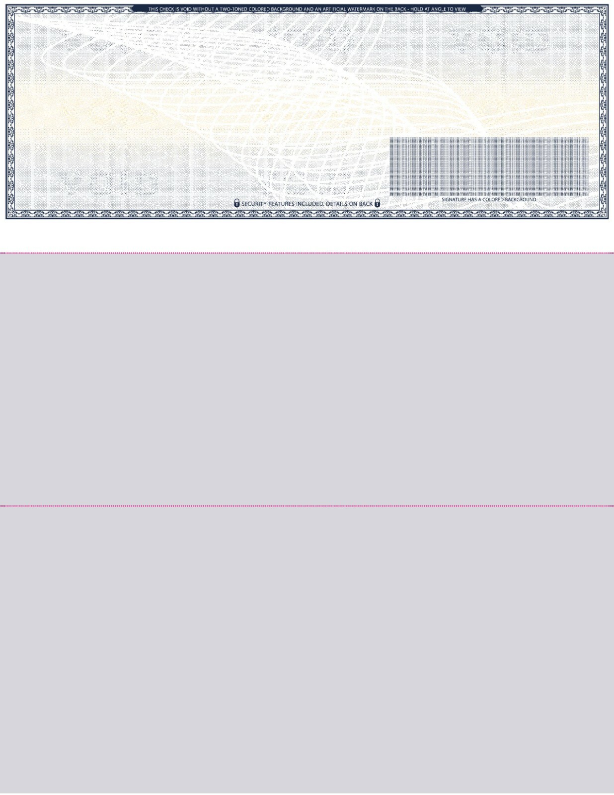 25 Blank Check paper “High Security” – Check on Top – Dark Blue Art Deco