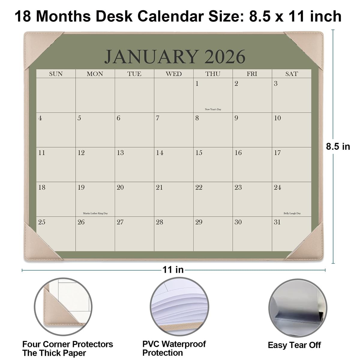 Desk Calendar 2026 with Desktop Mat, 18 Month Small 8.5″ x 11″, Beige