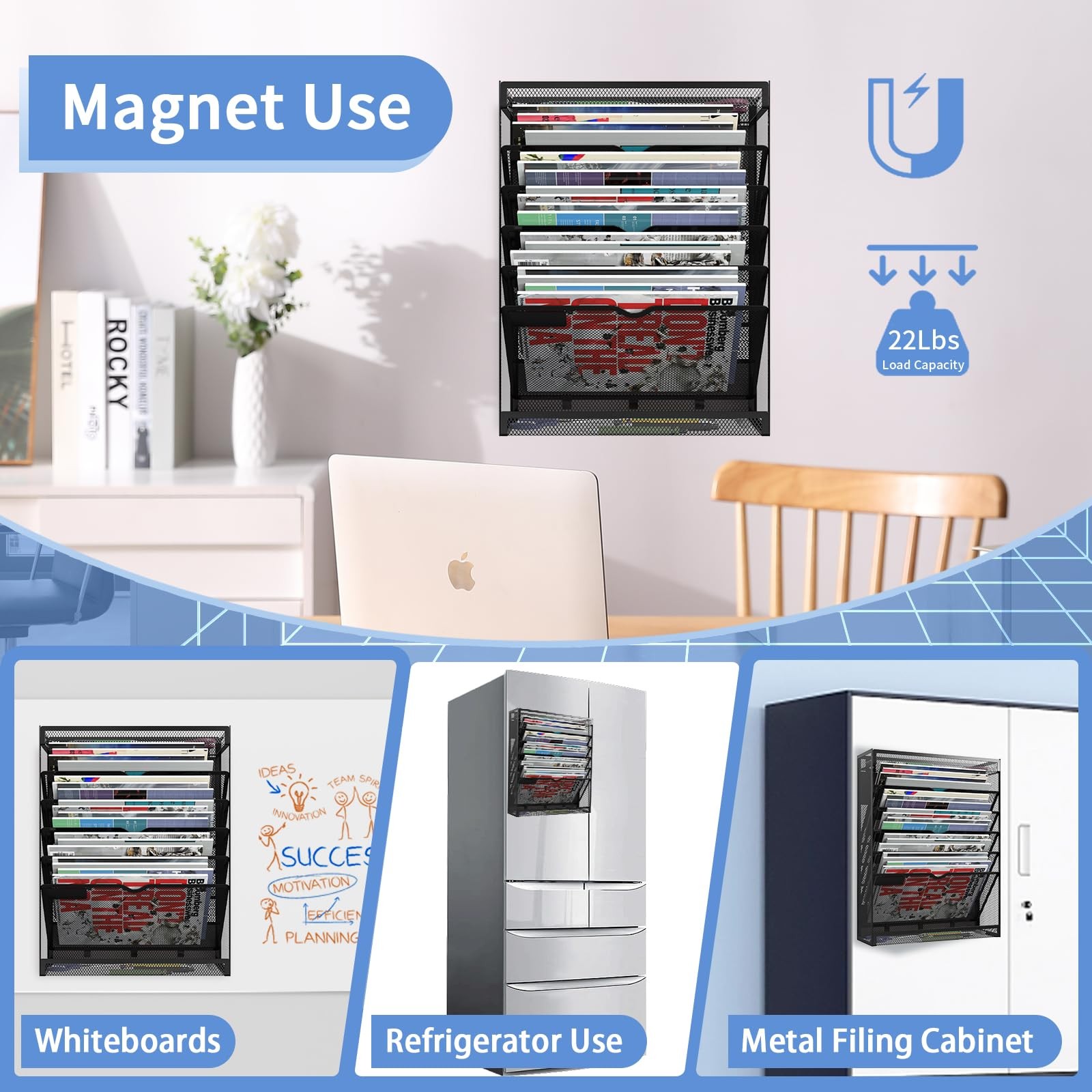 LQPAFZ 7-Tier Magnetic File Holder, No Drilling Wall Organizer, Black