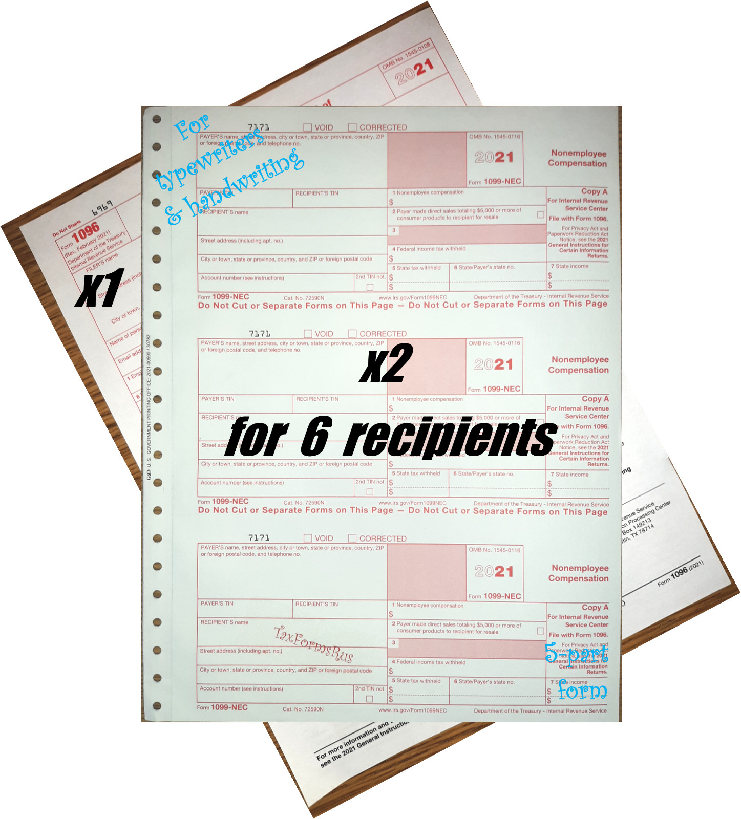 2021 IRS Tax Form 1099-NEC Carbonless for 6 recipients + (1) 1096 — NO Env