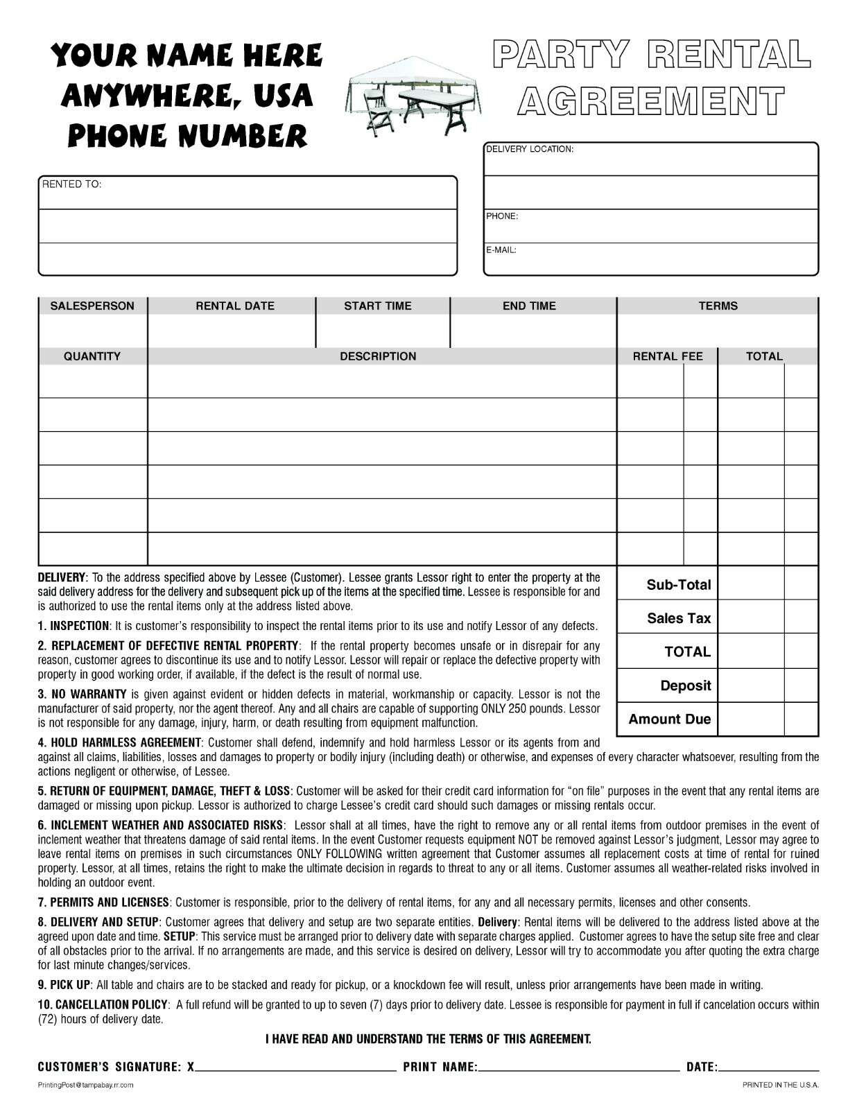 100 2-part Party Rental Agreement Forms