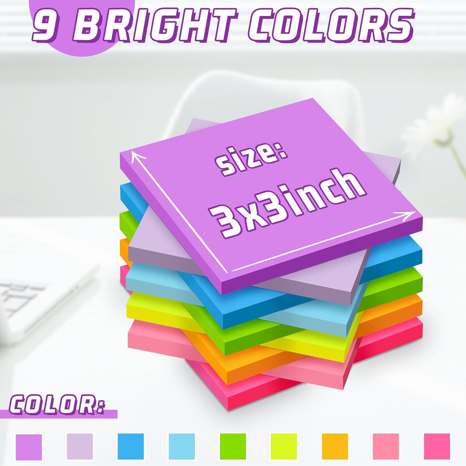 3X3 Sticky Notes 36 Pads, 9 Bright Colors Self-Adhesive Memo Pads, Strong Adhesi