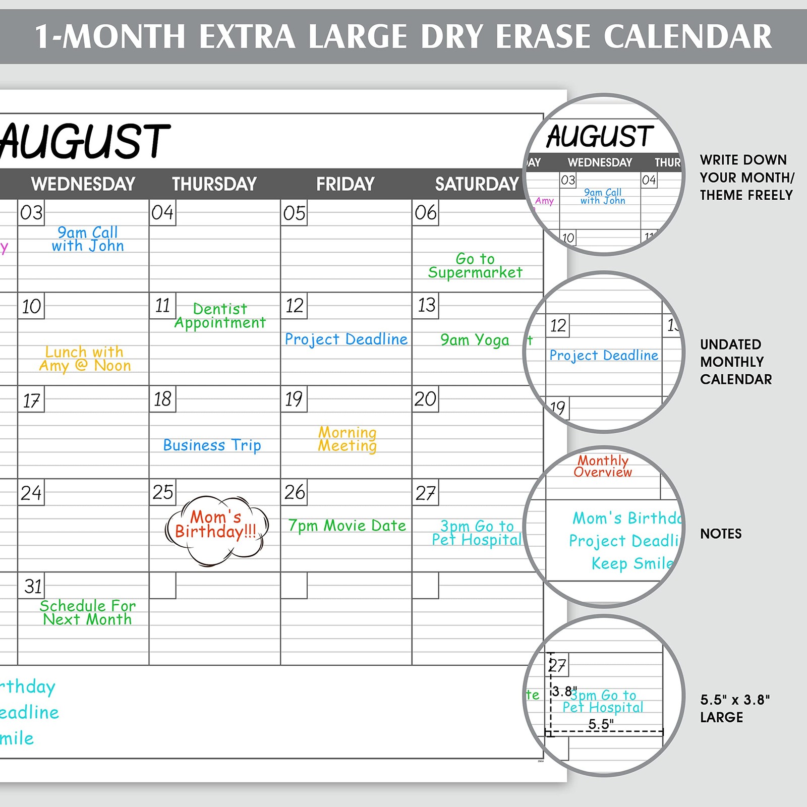 Large Dry Erase Calendar for Wall – Undated 1 Month 30″ x 40″, Classic Black