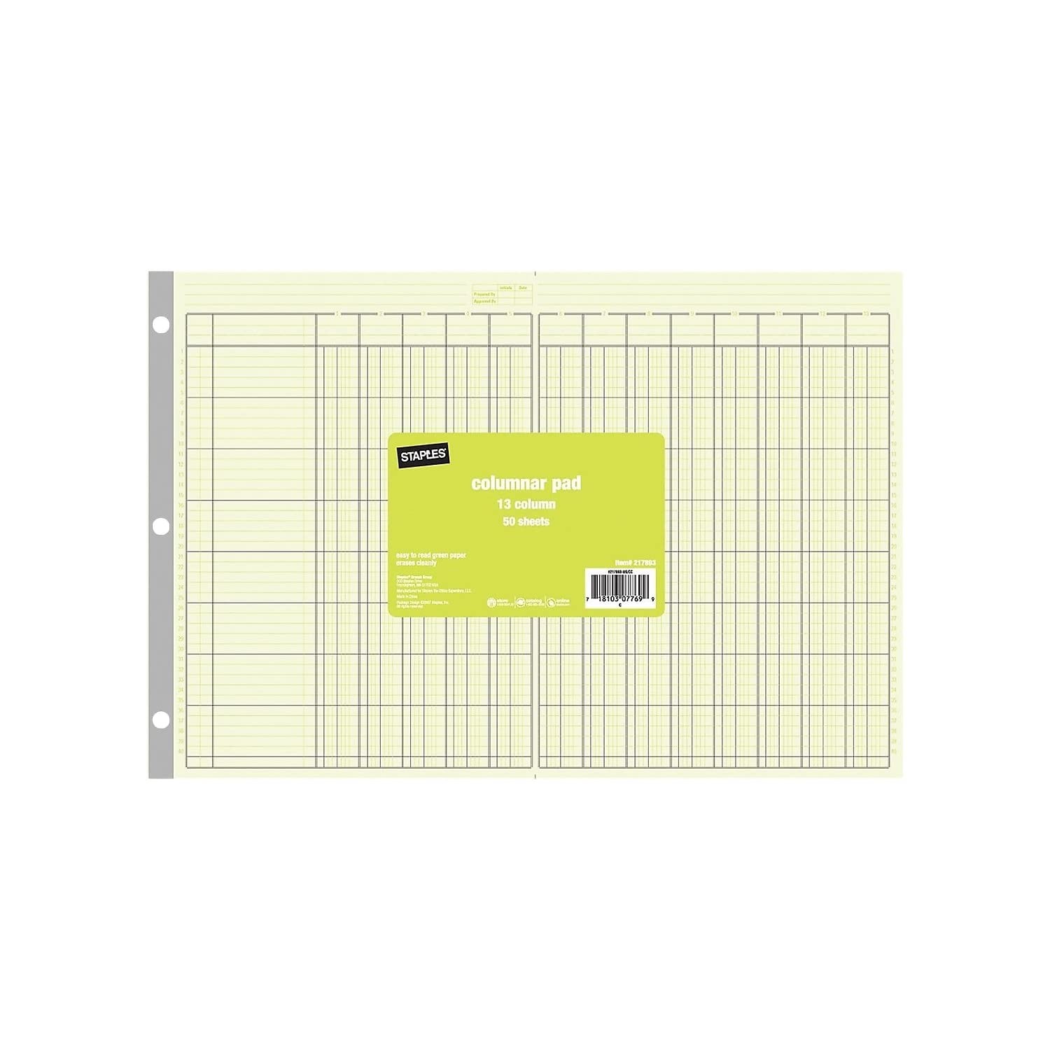 Staples 13 Columns Columnar Book, 16.31″W x 11″H (Pack of 1 Pad), Green