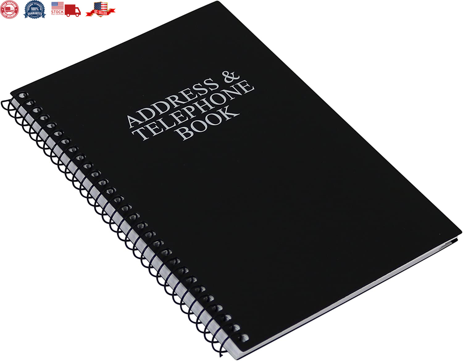 Iconikal Spiral-Bound Address and Telephone Book with Plastic Cover, Black