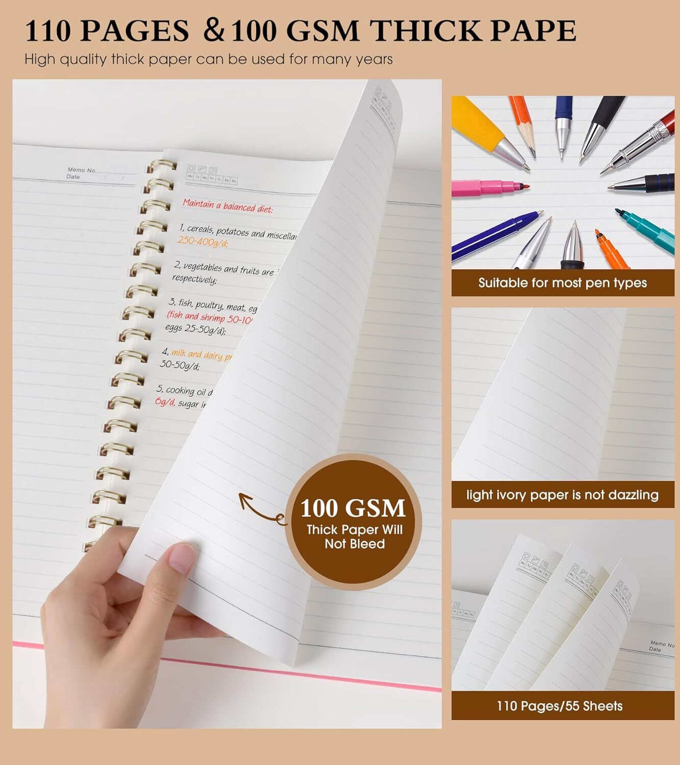 Spiral Notebook Journal 8.5” x 11”, A4 Large Pink Notebooks for Line,