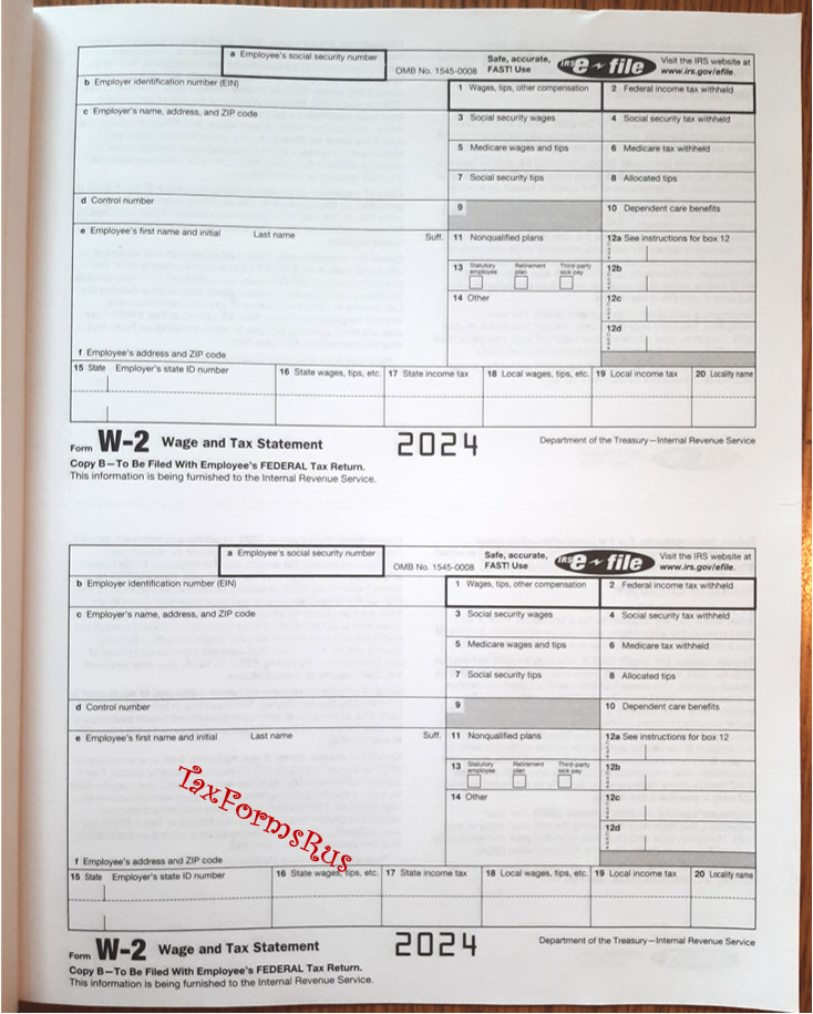2024 IRS Tax Forms W-2 Wage Stmts for 4 employees NON-Carbonless +(1) W3, NO Env