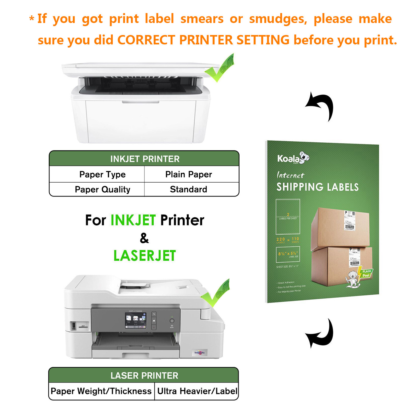 Premium 1100 Shipping Labels 8.5×5.5 Half Sheet Adhesive 2 Per Sheet 1000 Koala