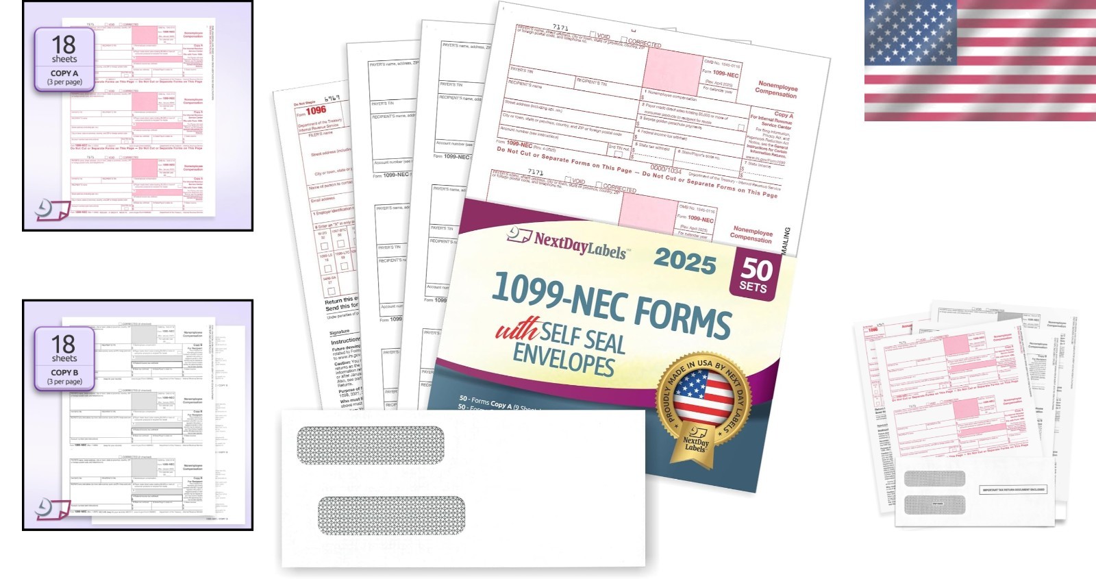IRS Approved 2025 1099-NEC Forms, 4-Part Kit, 50 Laser Forms