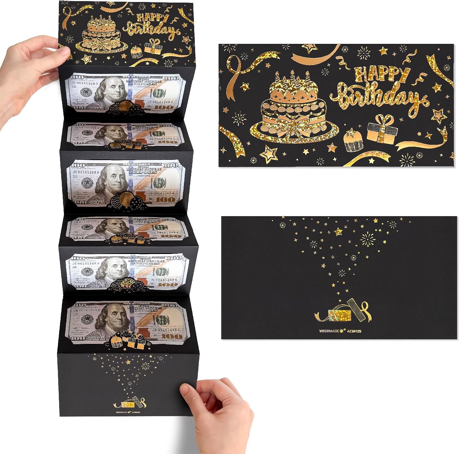 Black Gold Happy Birthday Money Envelope for Cash, DIY Money Holder with 6 Slots