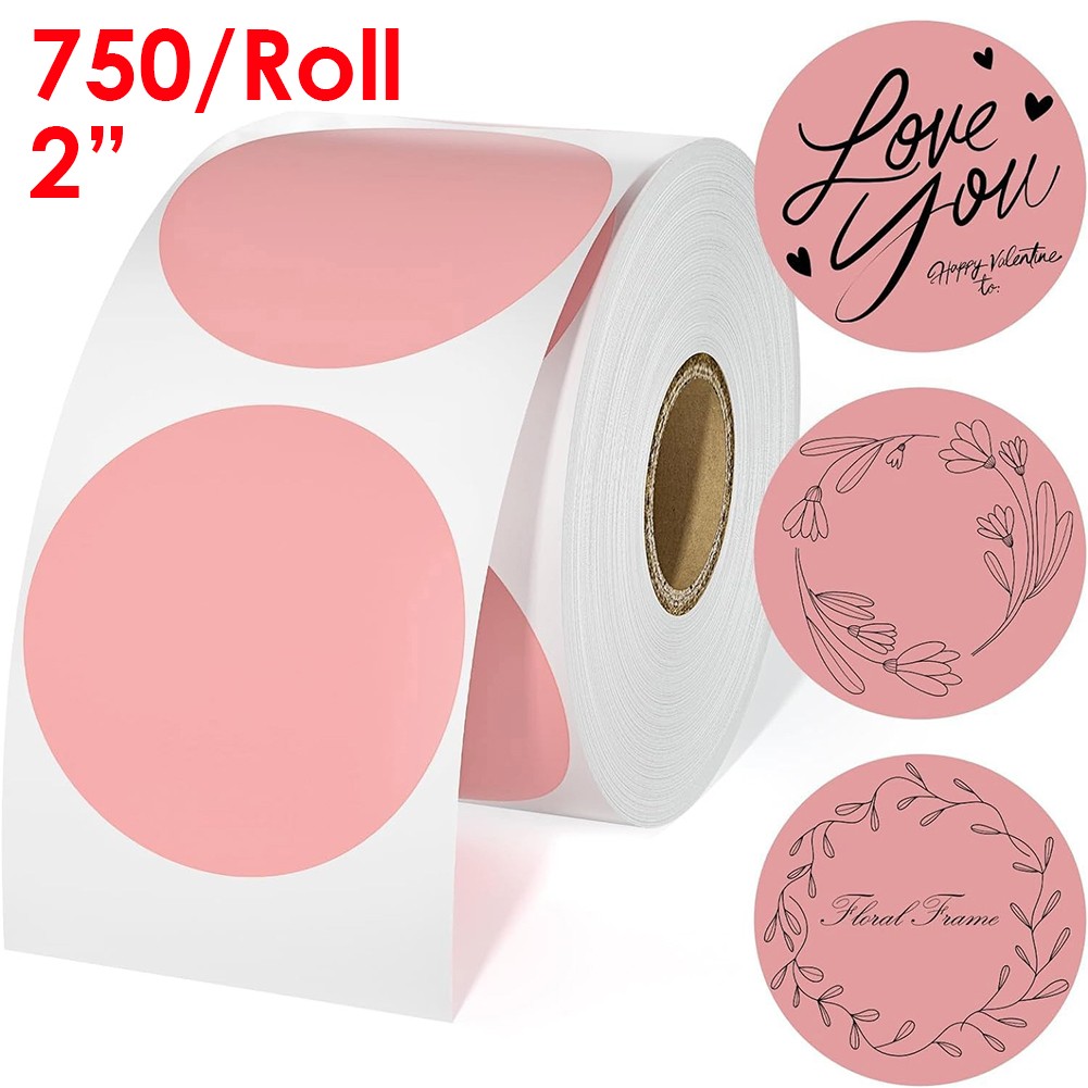 750/Roll 2” Round Thermal Label Self-Adhesive Name Tag DIY Blank Pink Stickers
