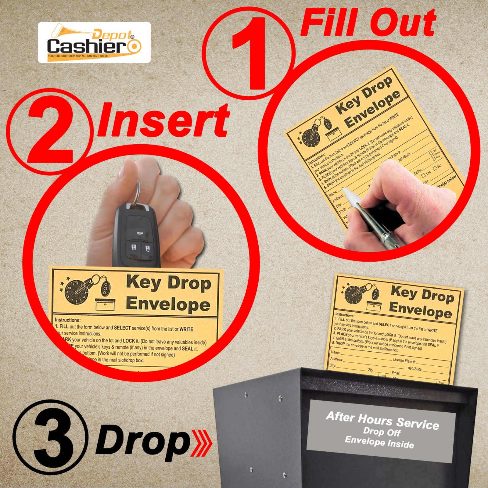 After Hours Night Key Drop Envelope, 4 1/8″ x 9 1/2″, 24lb Kraft Peel-Seal 500CT