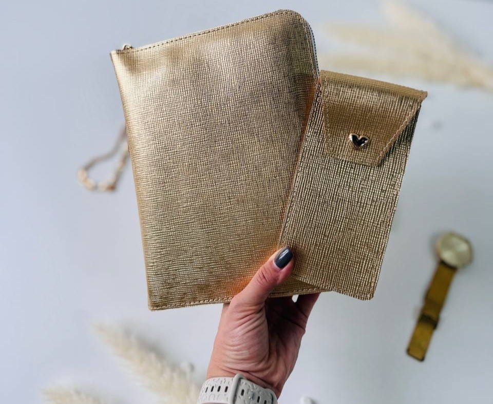 Golden leather Binder Planner Journal Gift A5. Dairy planner organizer handmade.