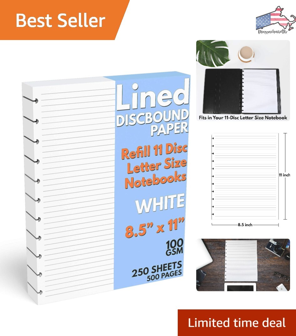 Letter Size Lined Paper Refill – 250 Sheets, 8.5×11 in, 100 GSM, 11 Disc Note…