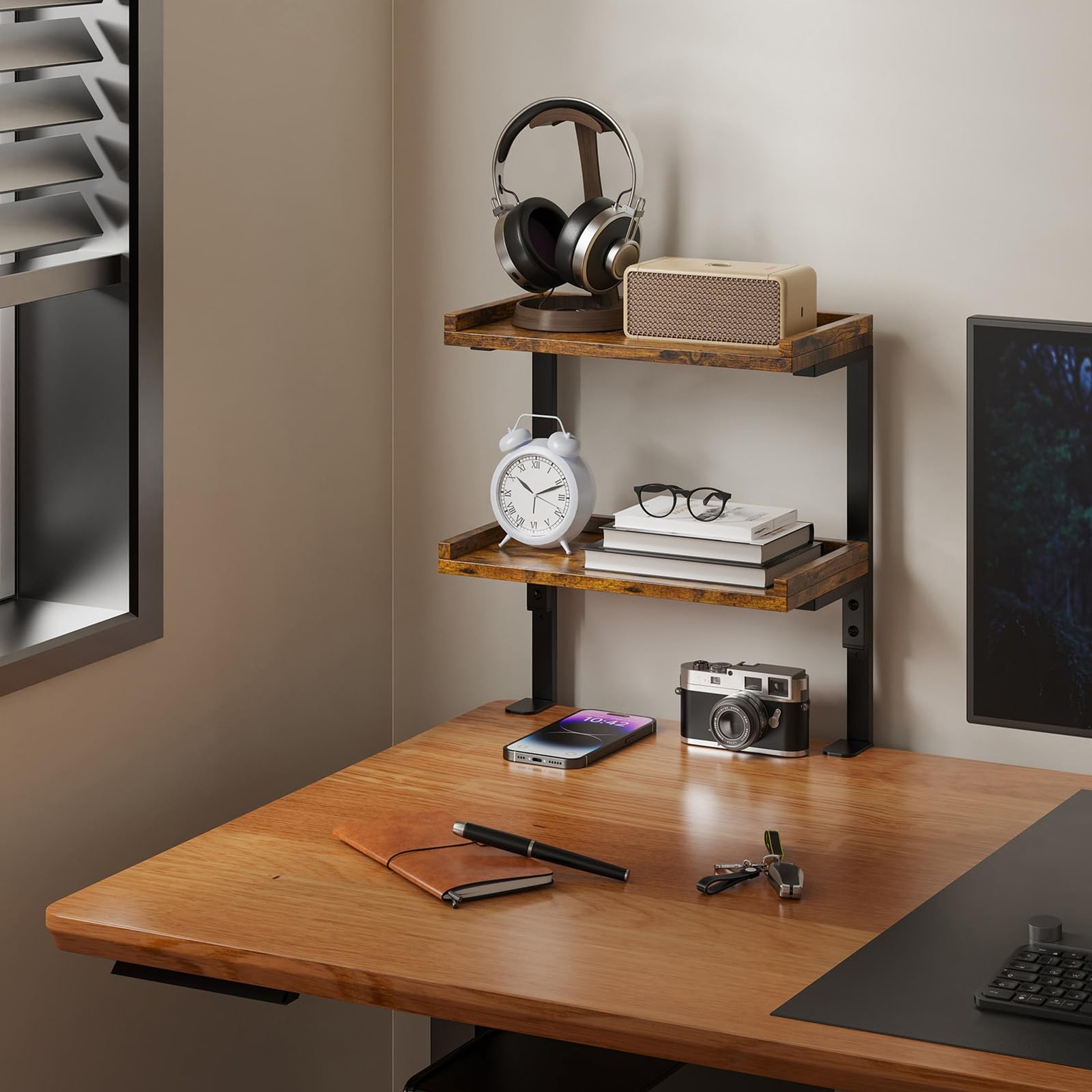 2 Tier 12 5 Inch Wood Desk Shelf Tabletop Storage Rack Office Gaming Accessories