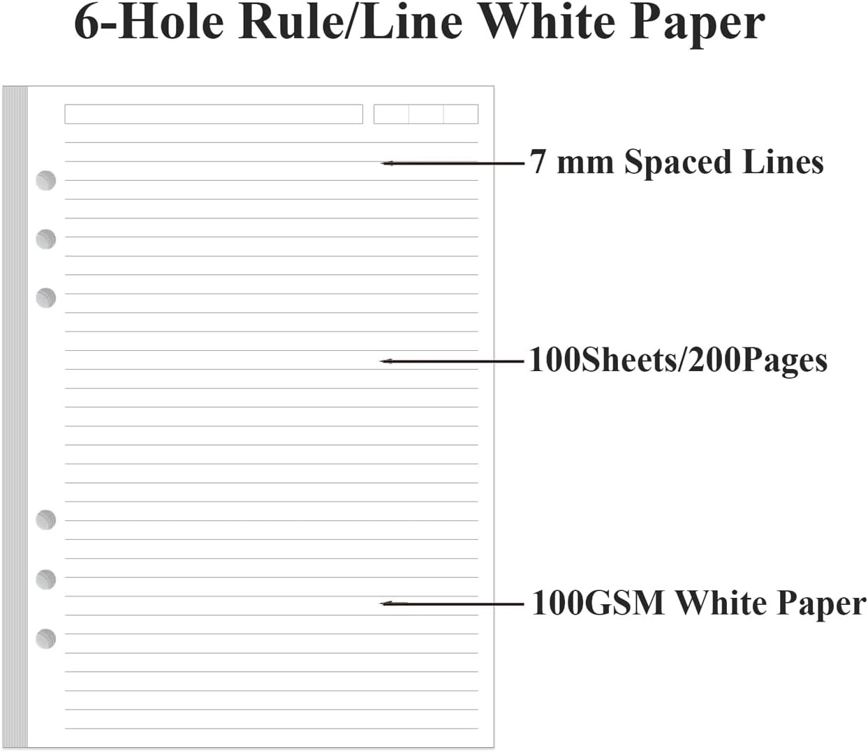6 Hole Lined Paper Refills for A5 Binder – 100 Sheets/200 Pages 6 Ring White