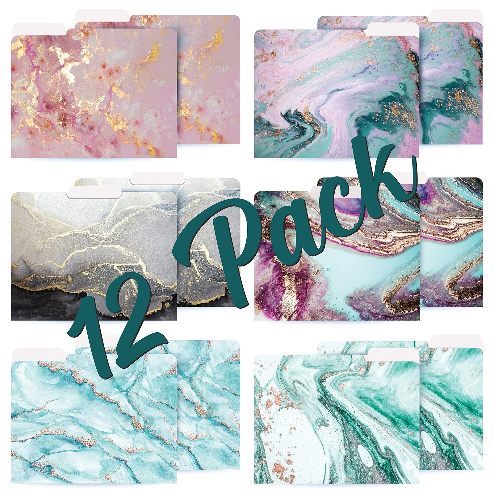 Better Office Products Decorative File Folders, 12 Pack, 6 Designs, Marble