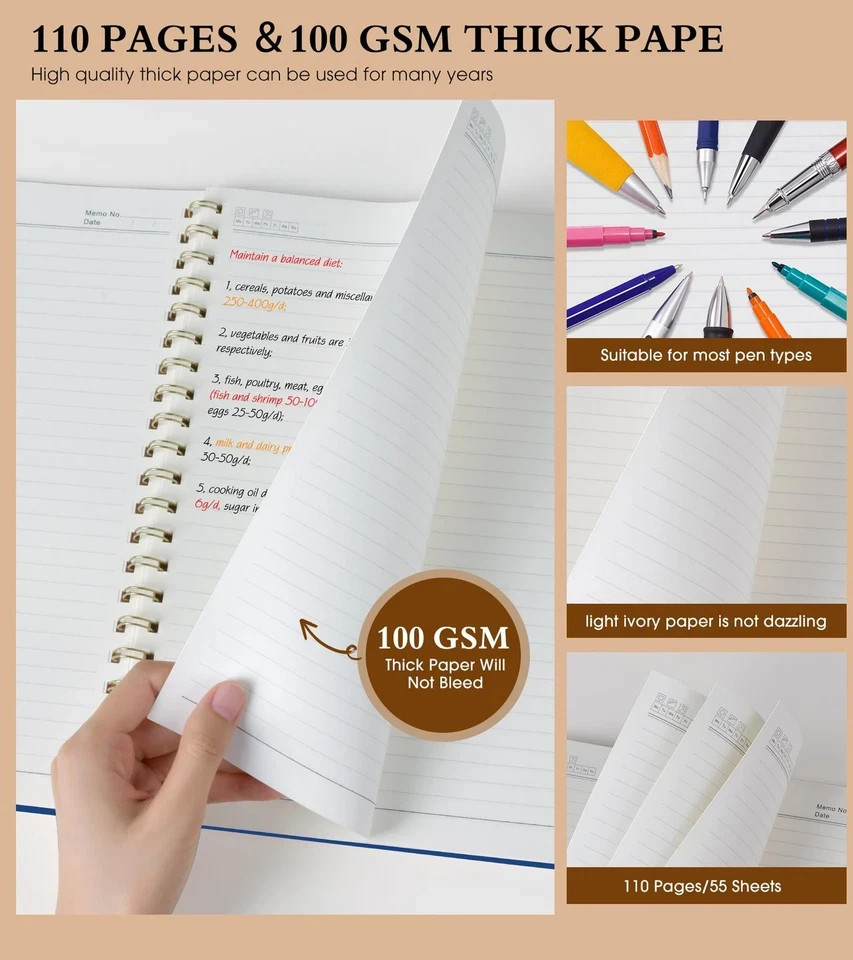 Spiral Notebook Journal 8.5” x 11”, A4 Large Notebooks for Women Line, Navy -NEW
