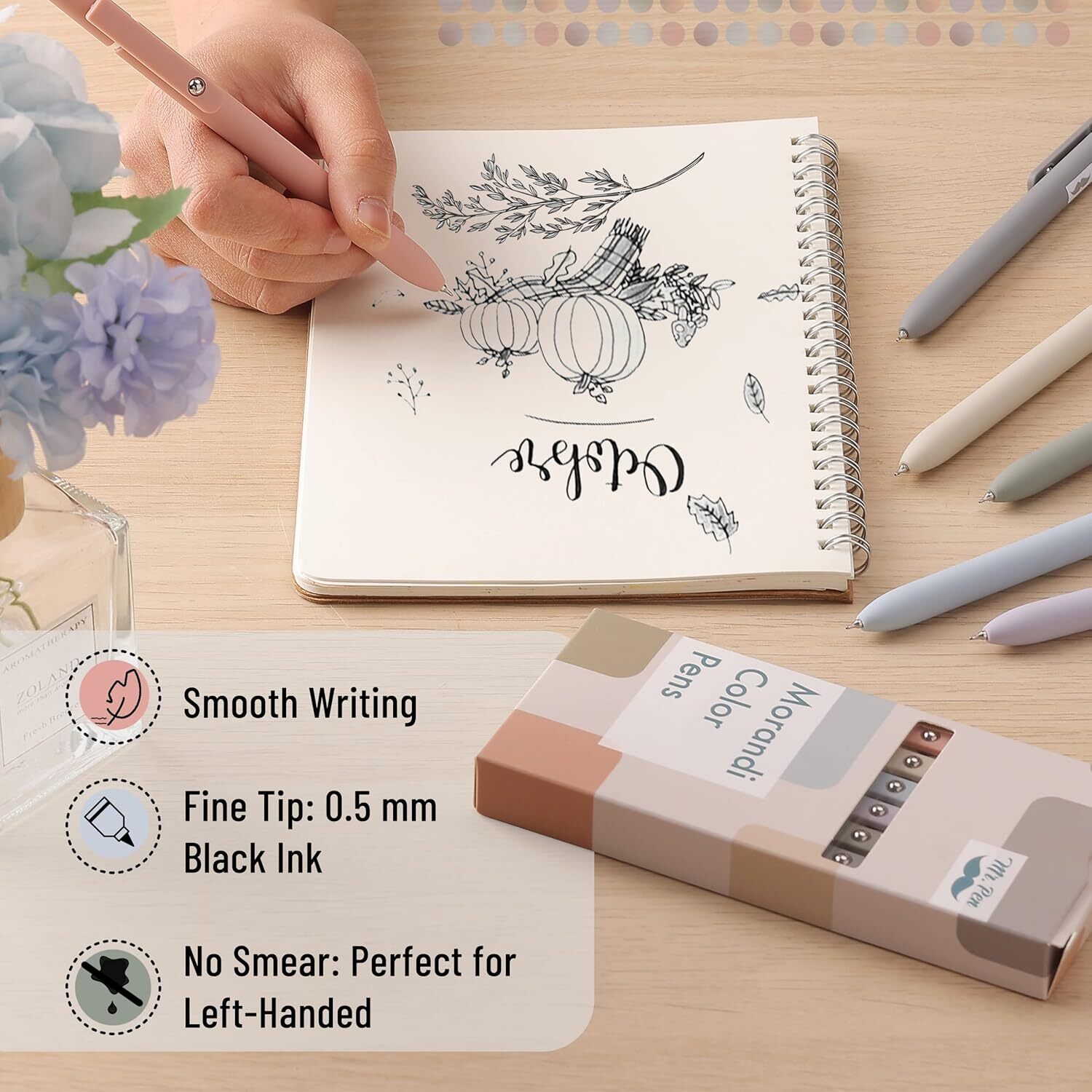 Mr. Pen – Retractable Fine Point Gel Pens, 6 Pack, 6 Morandi Barrels