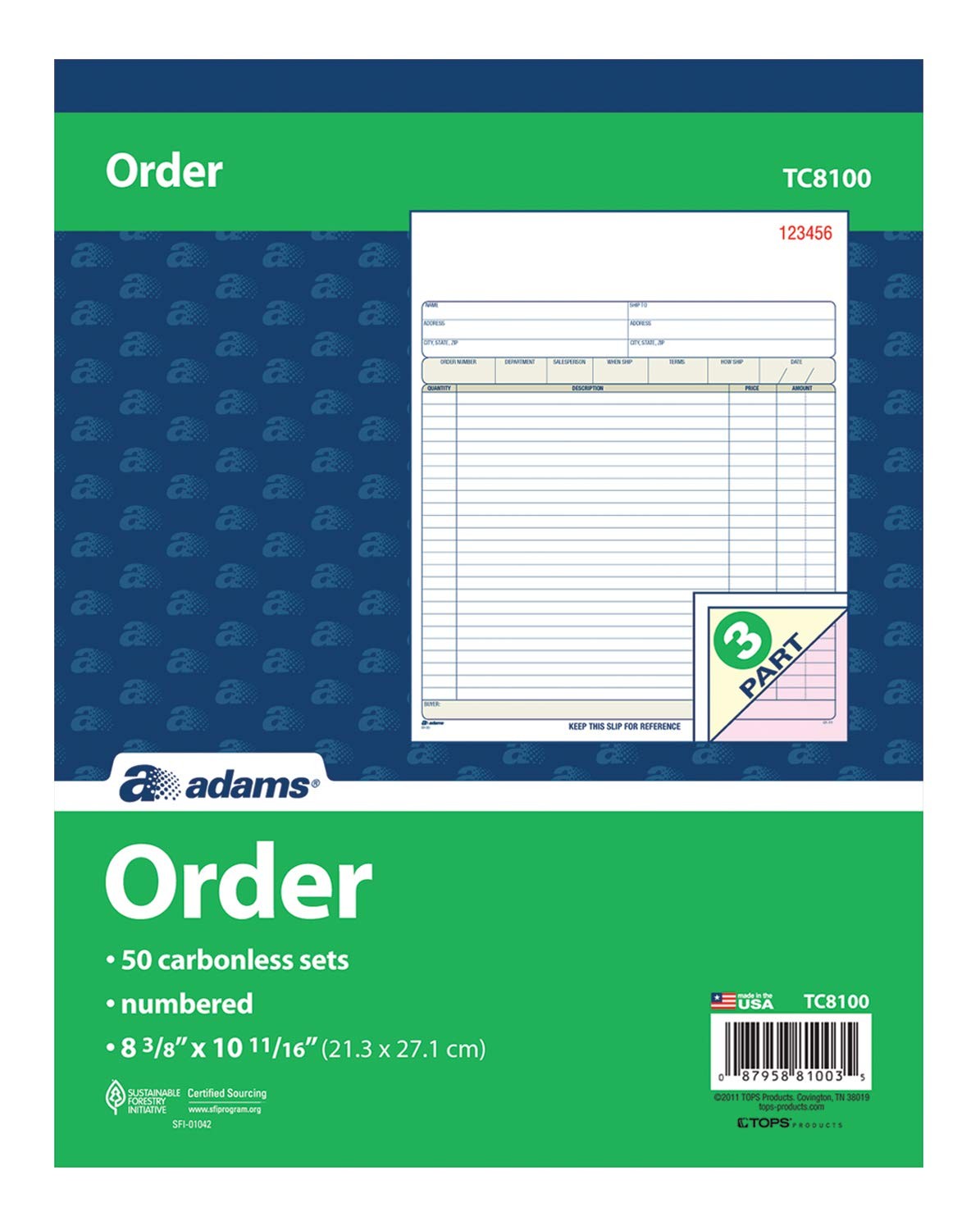 Adams Order Book, Carbonless, White/Canary/Pink, 3-Part, 8-3/8 x 10-11/16 Inches