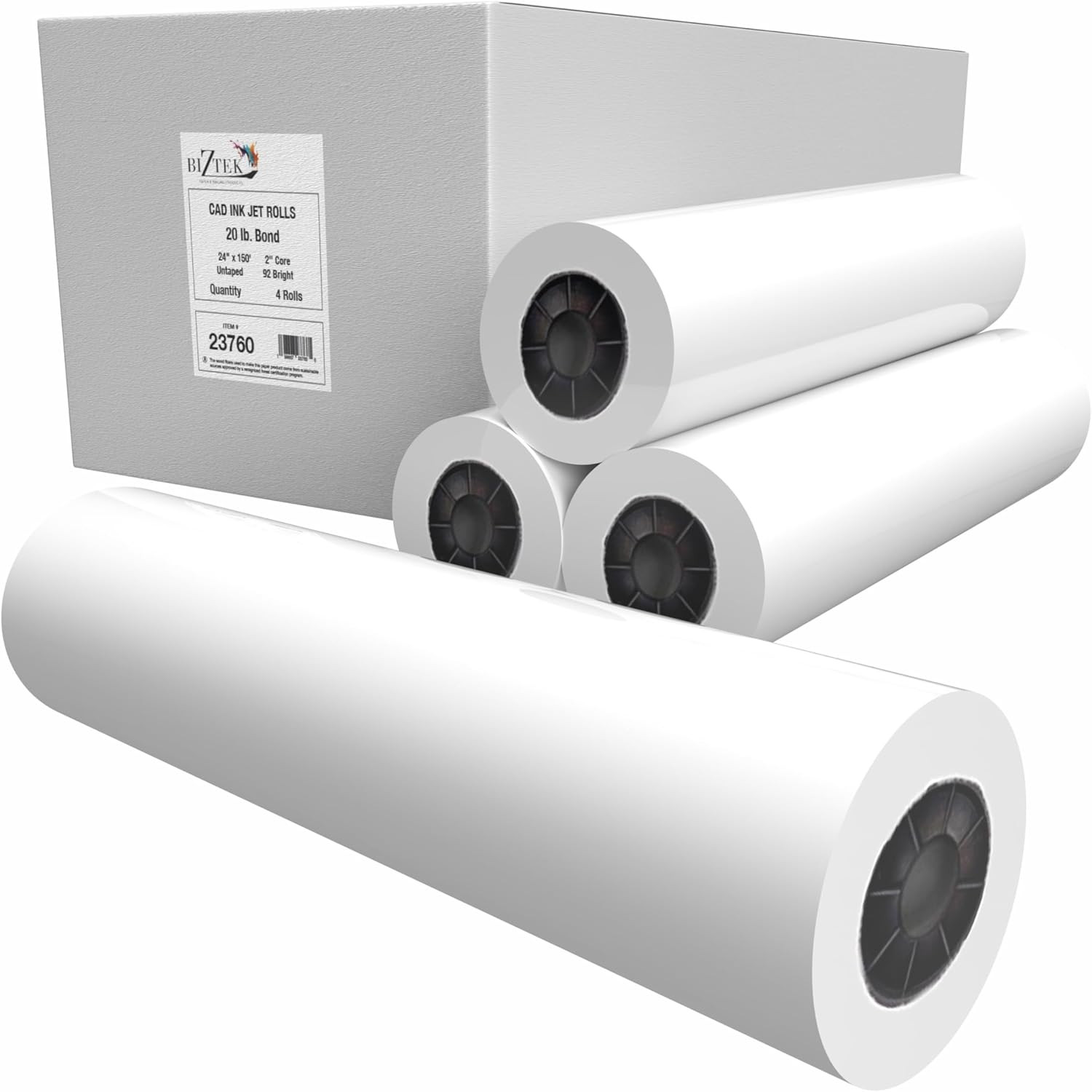 Biztek Wide Format Paper 24 X 150 CAD Bond Rolls 2″ Core 20Lb, Case | 4 Rolls