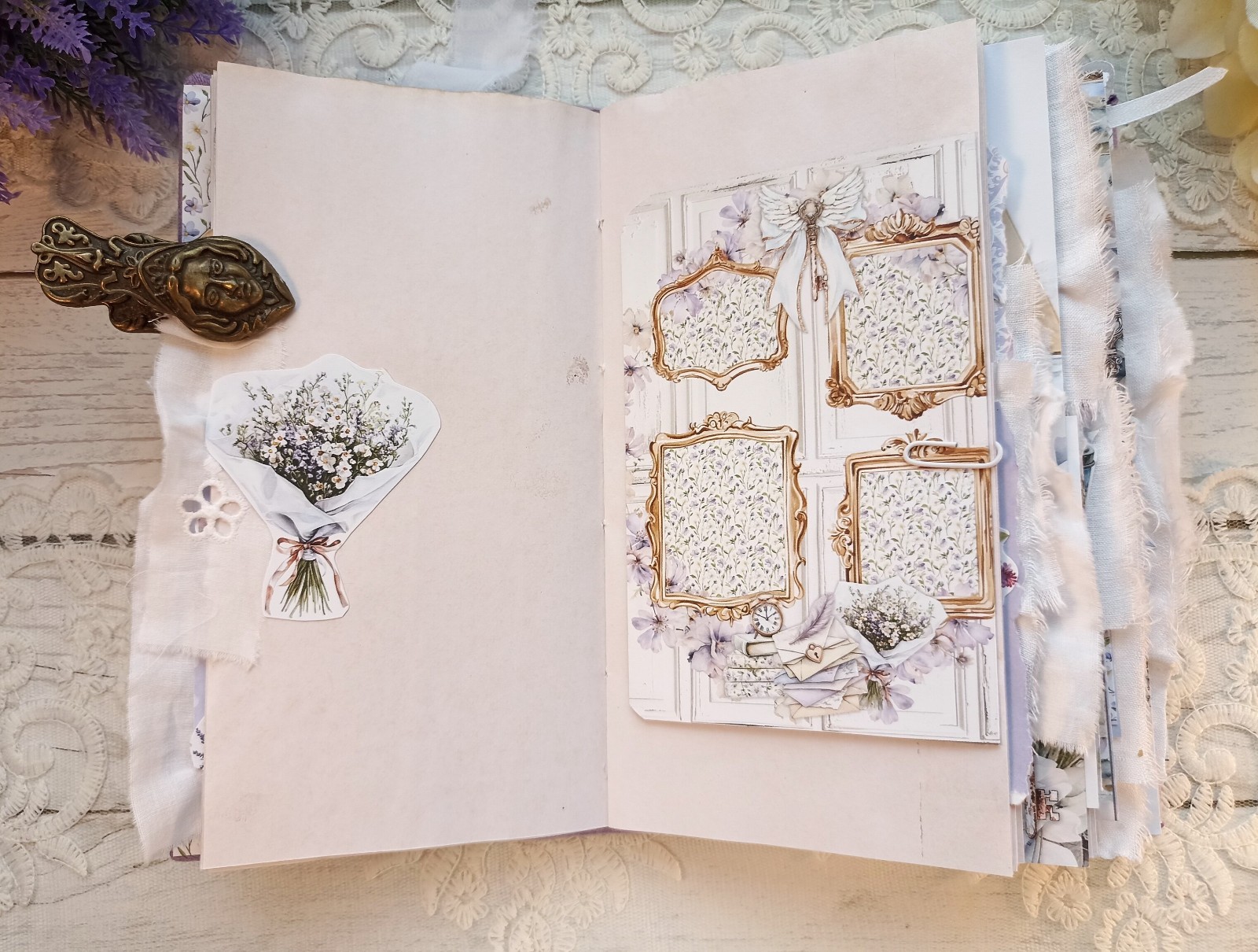 Junk Journal Handmade Lace Purple Lavender Notebook Decorated USA 8×4 in
